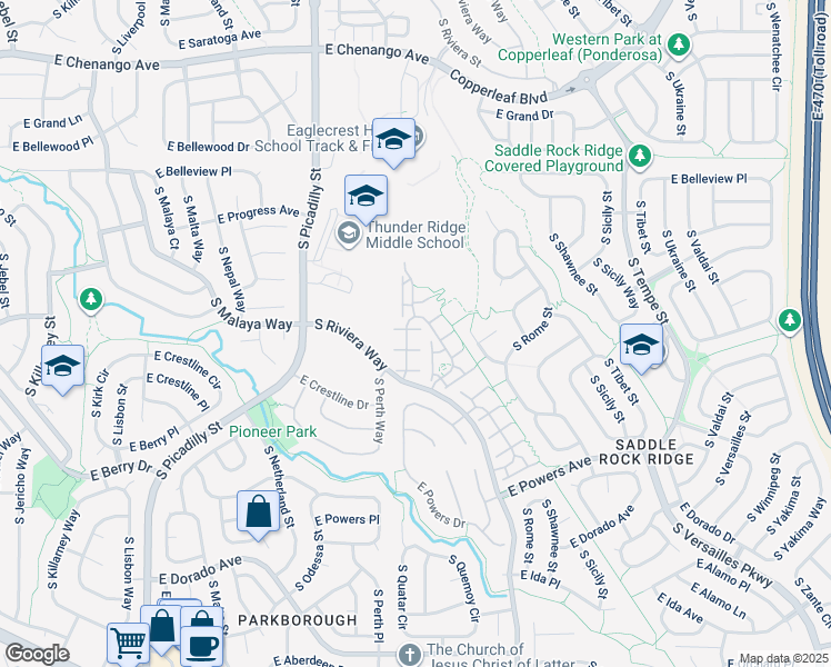 map of restaurants, bars, coffee shops, grocery stores, and more near 5367 South Picadilly Way in Aurora