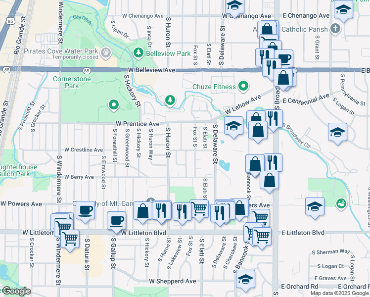 map of restaurants, bars, coffee shops, grocery stores, and more near 5347 South Fox Street in Littleton