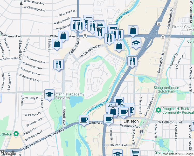 map of restaurants, bars, coffee shops, grocery stores, and more near 2895 Riverwalk Circle in Littleton