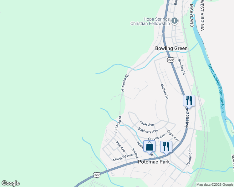 map of restaurants, bars, coffee shops, grocery stores, and more near 12810 North Cresap Street in Cumberland
