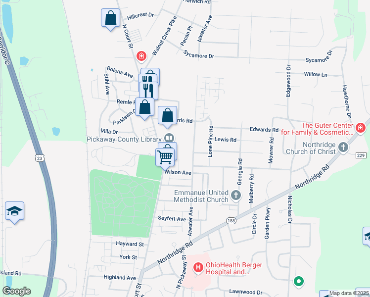 map of restaurants, bars, coffee shops, grocery stores, and more near 1175 Atwater Avenue in Circleville