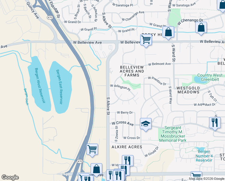 map of restaurants, bars, coffee shops, grocery stores, and more near 17121 West Crestline Drive in Littleton
