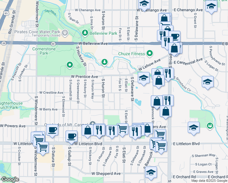 map of restaurants, bars, coffee shops, grocery stores, and more near 5347 South Fox Street in Littleton