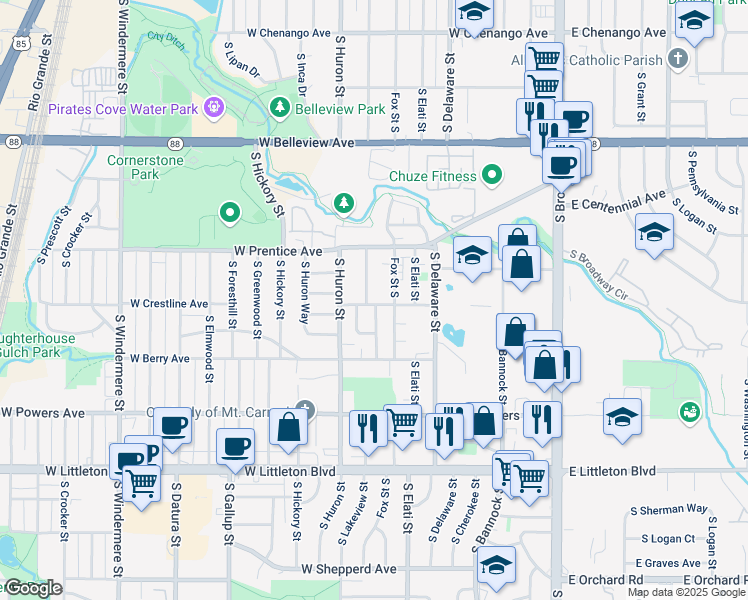 map of restaurants, bars, coffee shops, grocery stores, and more near 5396 South Lakeview Street in Littleton