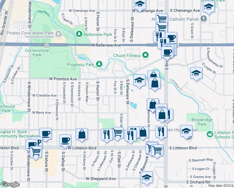 map of restaurants, bars, coffee shops, grocery stores, and more near 593 West Crestline Avenue in Littleton