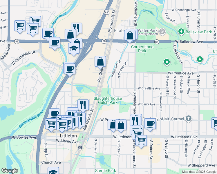 map of restaurants, bars, coffee shops, grocery stores, and more near 5367 South Prescott Street in Littleton