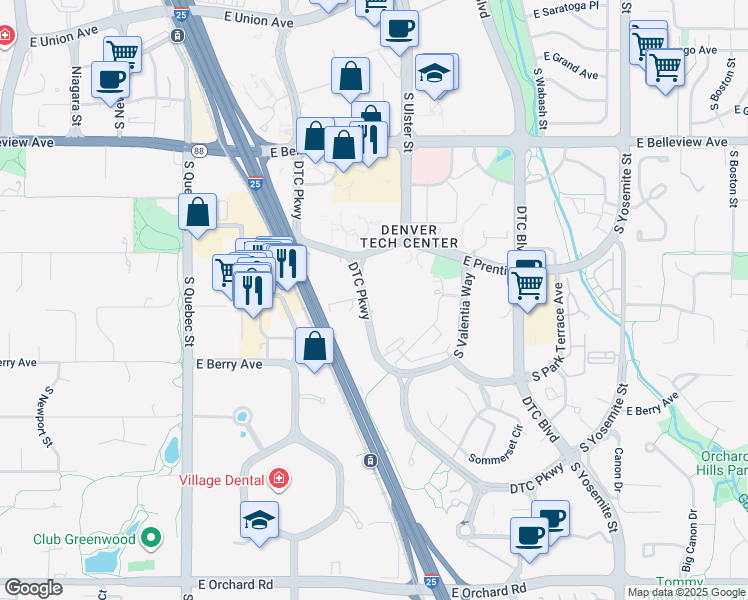 map of restaurants, bars, coffee shops, grocery stores, and more near 5310 DTC Parkway in Greenwood Village