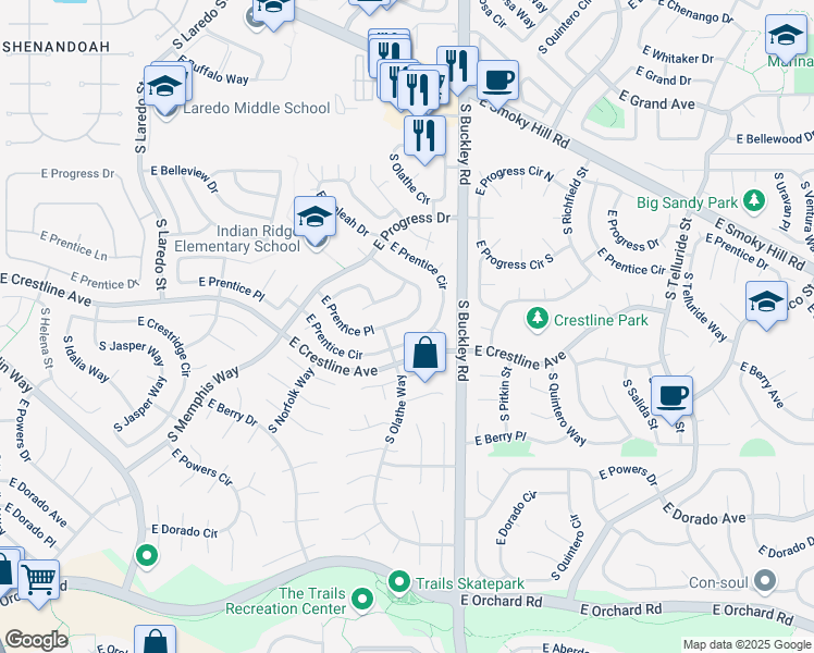 map of restaurants, bars, coffee shops, grocery stores, and more near 16700 East Prentice Avenue in Centennial