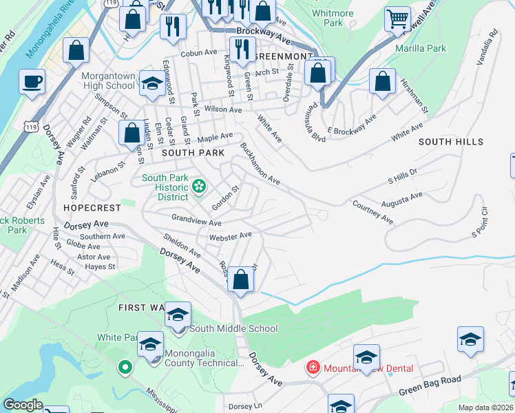 map of restaurants, bars, coffee shops, grocery stores, and more near 232 Wabash Street in Morgantown