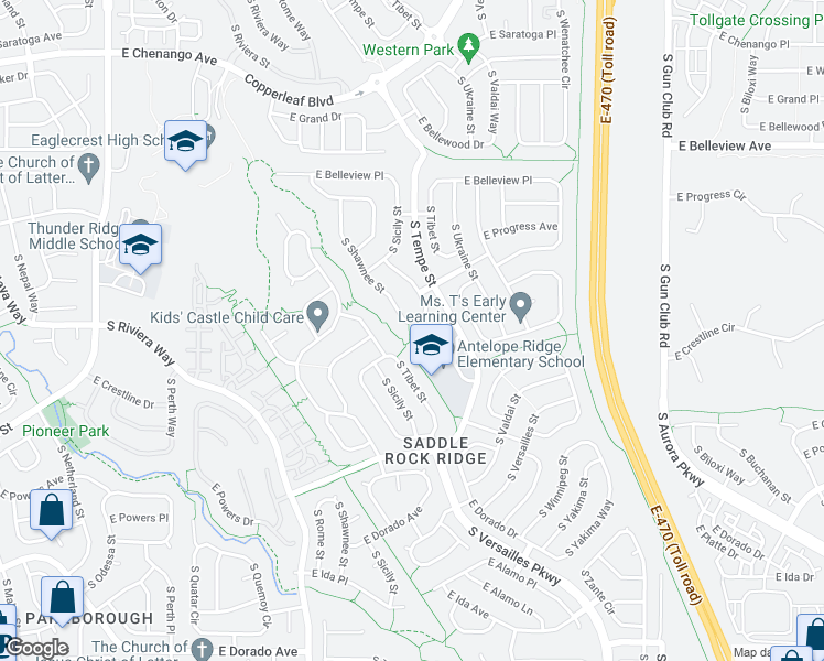 map of restaurants, bars, coffee shops, grocery stores, and more near 5337 South Shawnee Street in Aurora