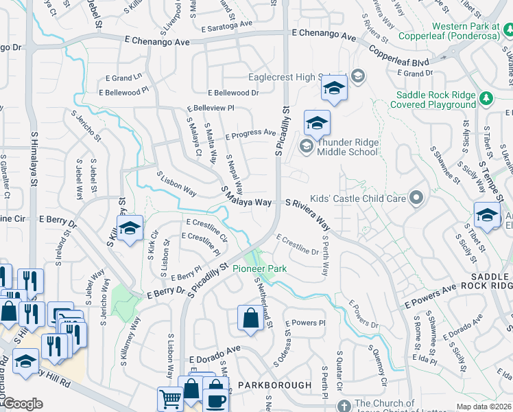 map of restaurants, bars, coffee shops, grocery stores, and more near 21234 East Prentice Lane in Centennial