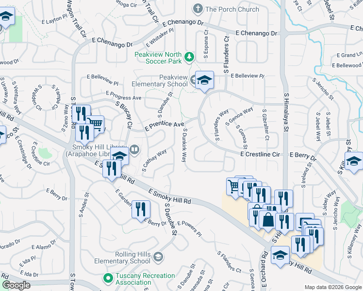 map of restaurants, bars, coffee shops, grocery stores, and more near 5331 South Dunkirk Way in Centennial