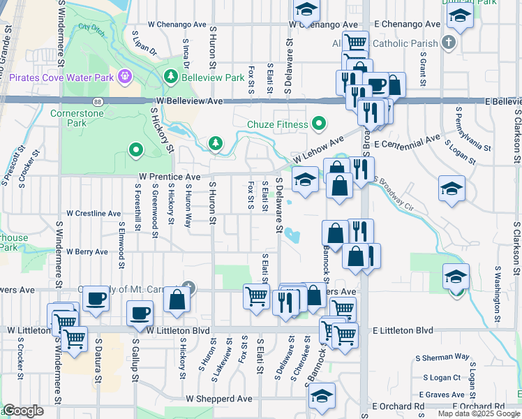 map of restaurants, bars, coffee shops, grocery stores, and more near 5360 South Elati Street in Littleton