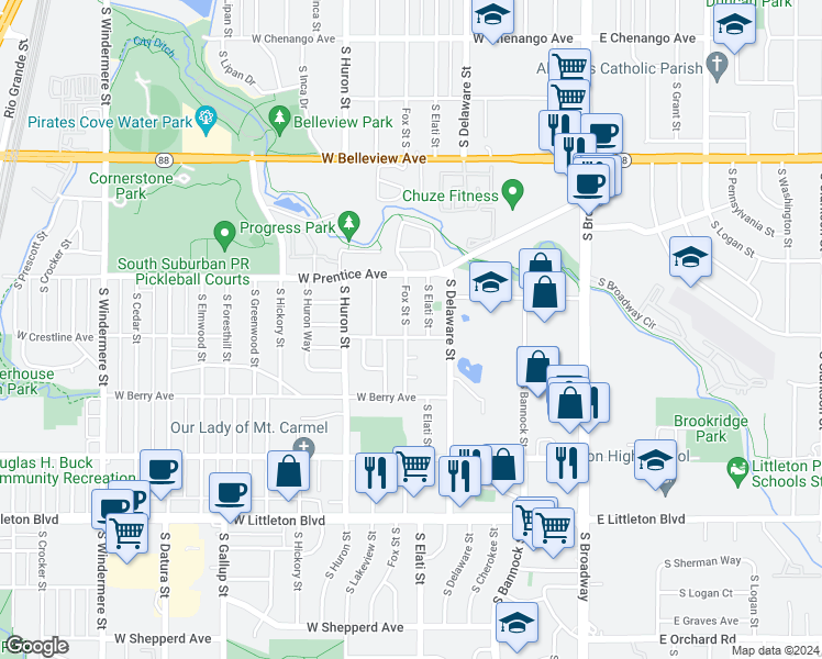 map of restaurants, bars, coffee shops, grocery stores, and more near 5347 South Fox Street in Littleton