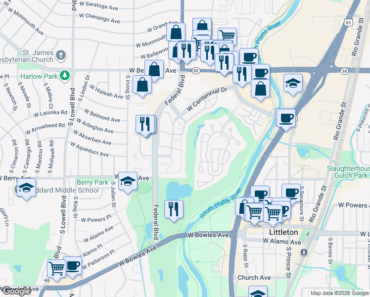 map of restaurants, bars, coffee shops, grocery stores, and more near 2940 West Centennial Drive in Littleton