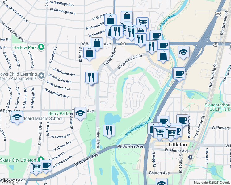 map of restaurants, bars, coffee shops, grocery stores, and more near 2940 West Centennial Drive in Littleton