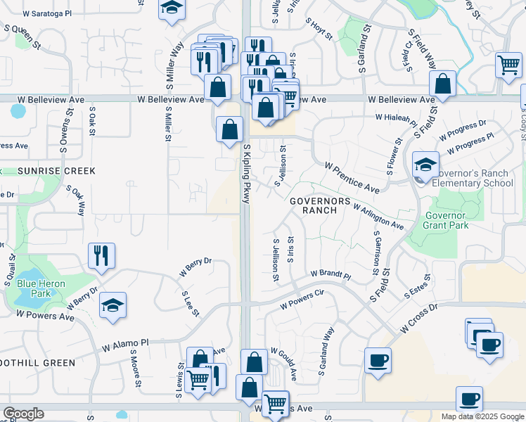 map of restaurants, bars, coffee shops, grocery stores, and more near 5338 South Kipling Parkway in Littleton