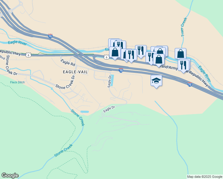 map of restaurants, bars, coffee shops, grocery stores, and more near 99 Eagle Drive in Vail