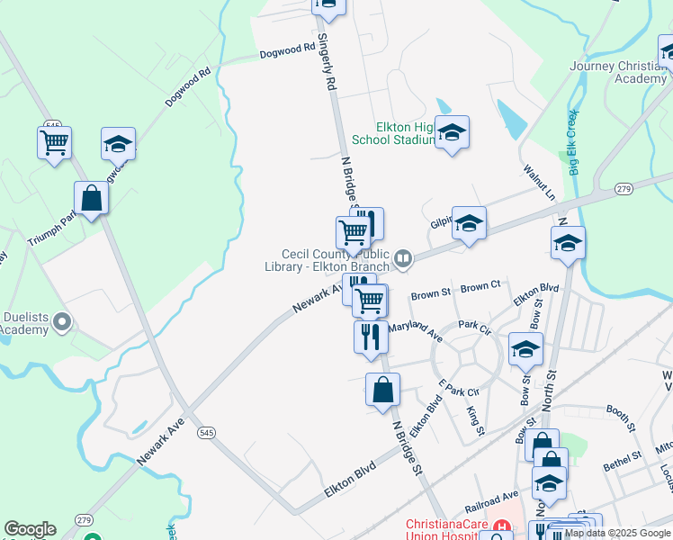 map of restaurants, bars, coffee shops, grocery stores, and more near 315 Sheffield Street in Elkton