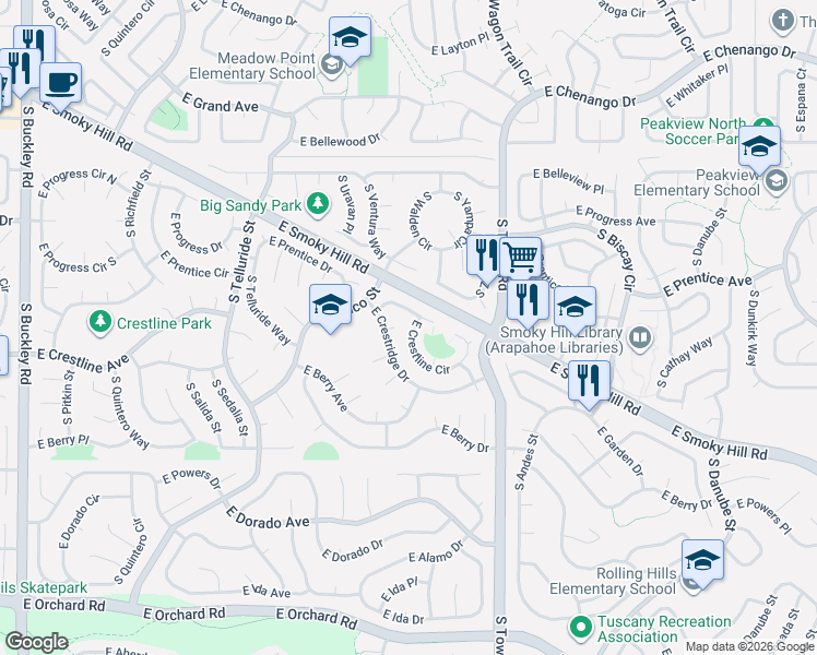 map of restaurants, bars, coffee shops, grocery stores, and more near 18199 East Crestline Circle in Centennial