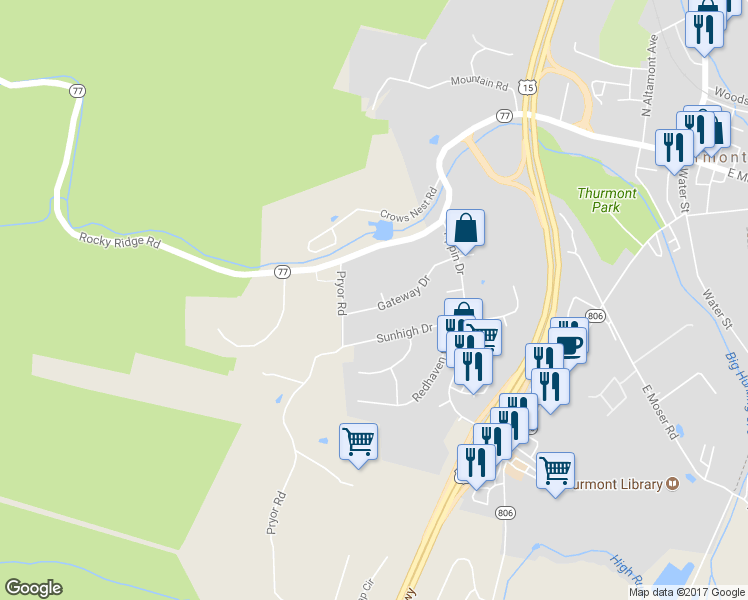 map of restaurants, bars, coffee shops, grocery stores, and more near 521 Amanda Court in Thurmont