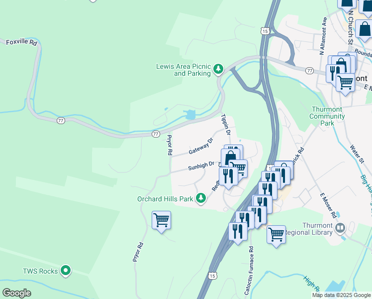 map of restaurants, bars, coffee shops, grocery stores, and more near 521 Amanda Court in Thurmont