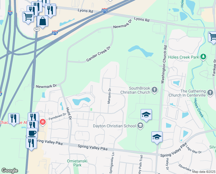 map of restaurants, bars, coffee shops, grocery stores, and more near 9049 Marquis Drive in Miamisburg
