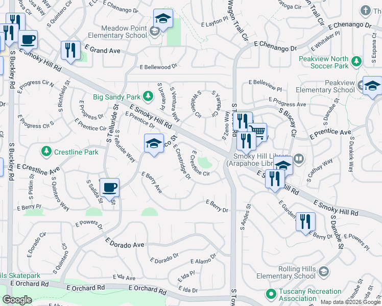 map of restaurants, bars, coffee shops, grocery stores, and more near 18199 East Crestline Circle in Centennial