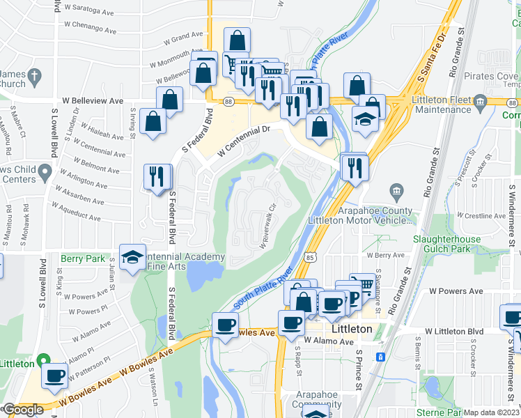 map of restaurants, bars, coffee shops, grocery stores, and more near 2895 Riverwalk Circle in Littleton