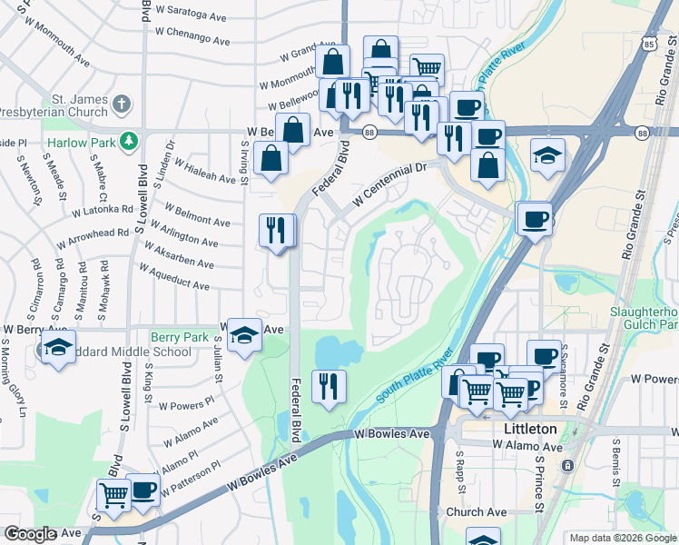 map of restaurants, bars, coffee shops, grocery stores, and more near 2940 West Centennial Drive in Littleton