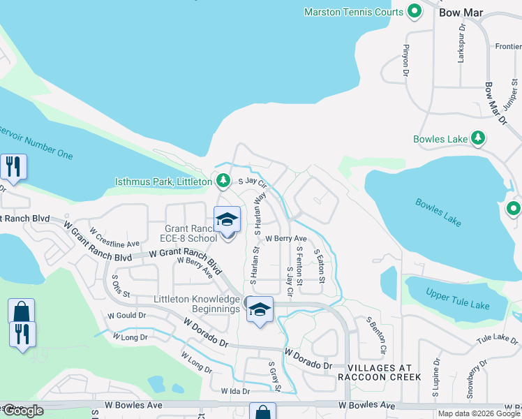 map of restaurants, bars, coffee shops, grocery stores, and more near 5345 South Harlan Way in Littleton