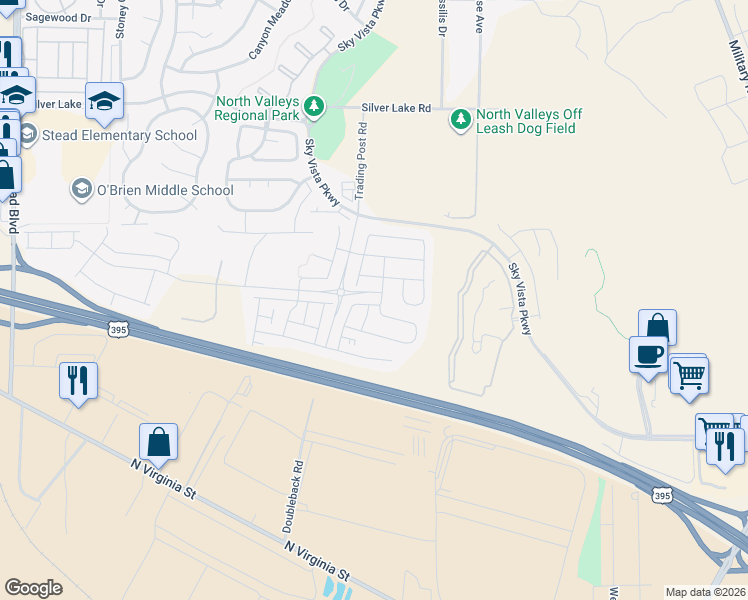 map of restaurants, bars, coffee shops, grocery stores, and more near 512 Aurora View DR in Reno