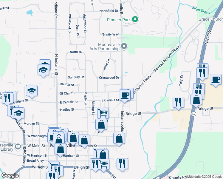 map of restaurants, bars, coffee shops, grocery stores, and more near 59 Brentwood Drive in Mooresville