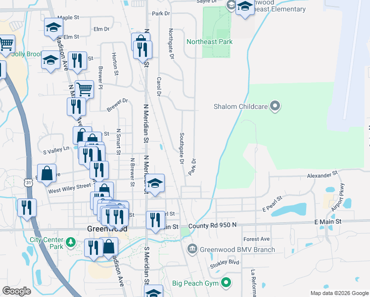 map of restaurants, bars, coffee shops, grocery stores, and more near 455 Southgate Drive in Greenwood