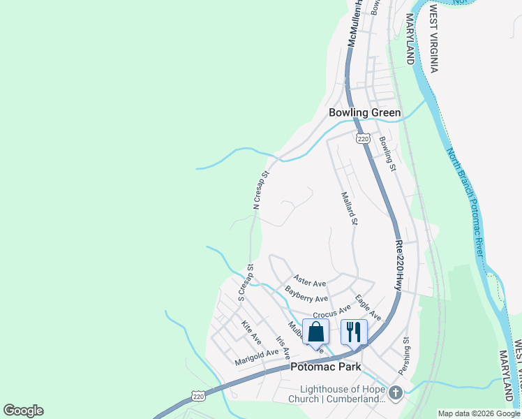 map of restaurants, bars, coffee shops, grocery stores, and more near 12810 North Cresap Street in Cumberland