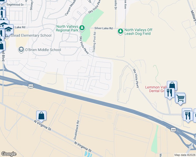 map of restaurants, bars, coffee shops, grocery stores, and more near 512 Aurora View DR in Reno