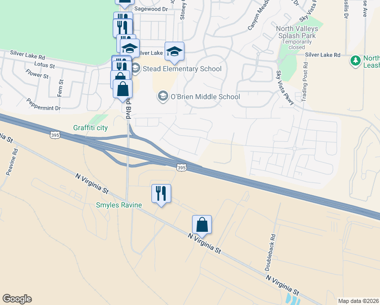 map of restaurants, bars, coffee shops, grocery stores, and more near 9734 Silver Dollar Lane in Reno