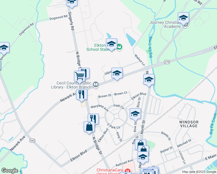 map of restaurants, bars, coffee shops, grocery stores, and more near 203 Newark Avenue in Elkton