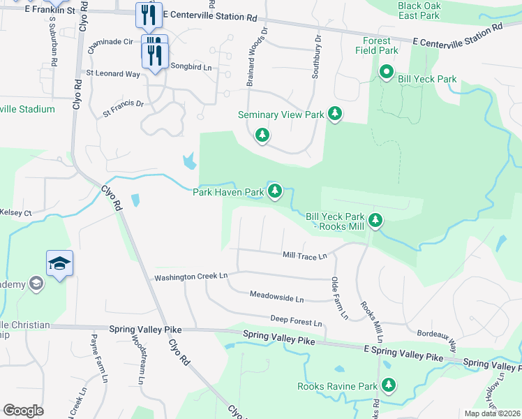 map of restaurants, bars, coffee shops, grocery stores, and more near 8701 Park Haven Point in Dayton