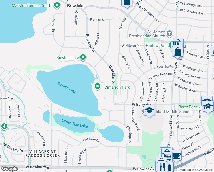 map of restaurants, bars, coffee shops, grocery stores, and more near 5401 Beach Road in Littleton