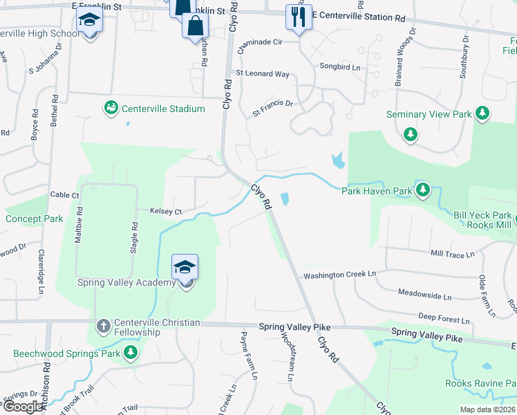 map of restaurants, bars, coffee shops, grocery stores, and more near 8645 Clyo Road in Dayton