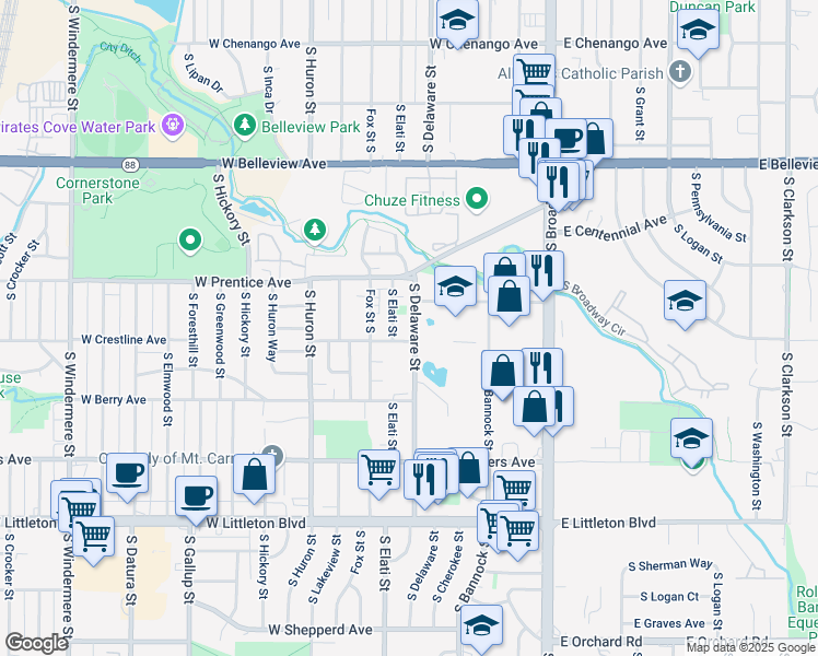 map of restaurants, bars, coffee shops, grocery stores, and more near 5381 South Delaware Street in Littleton