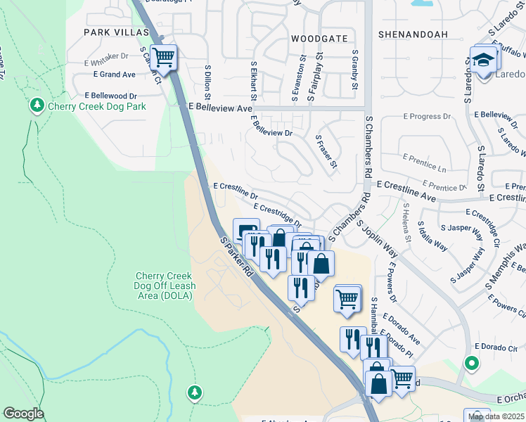 map of restaurants, bars, coffee shops, grocery stores, and more near 14774 East Crestridge Drive in Centennial