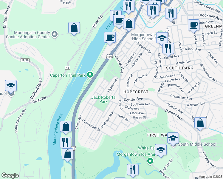 map of restaurants, bars, coffee shops, grocery stores, and more near 425 Elysian Avenue in Morgantown