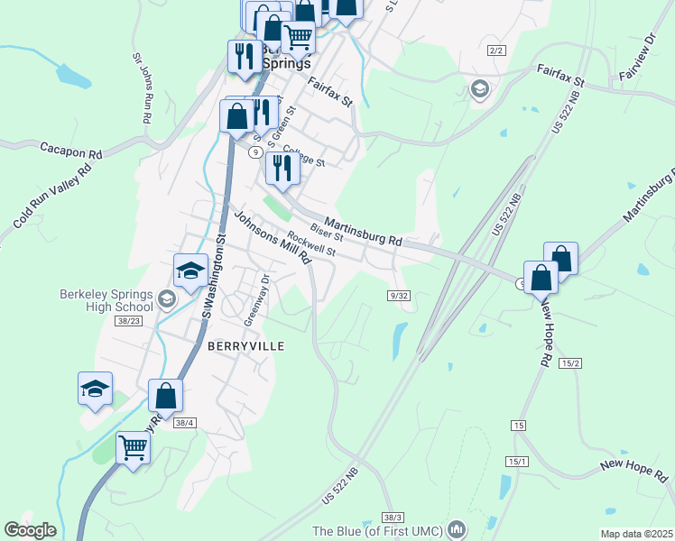 map of restaurants, bars, coffee shops, grocery stores, and more near 89 Tower Circle in Berkeley Springs