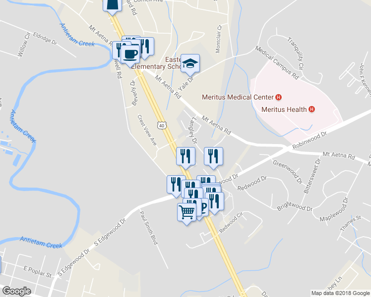 map of restaurants, bars, coffee shops, grocery stores, and more near 1608 Dual Highway in Hagerstown