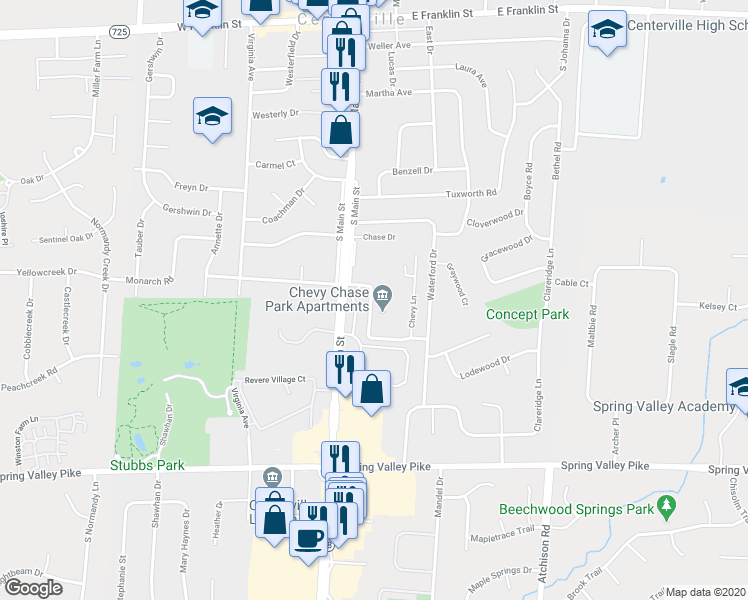 map of restaurants, bars, coffee shops, grocery stores, and more near 83 Loganwood Drive in Dayton