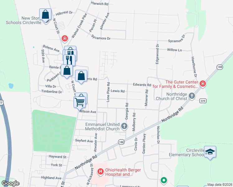 map of restaurants, bars, coffee shops, grocery stores, and more near 270 Lewis Road in Circleville