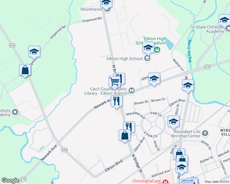 map of restaurants, bars, coffee shops, grocery stores, and more near 801 North Bridge Street in Elkton