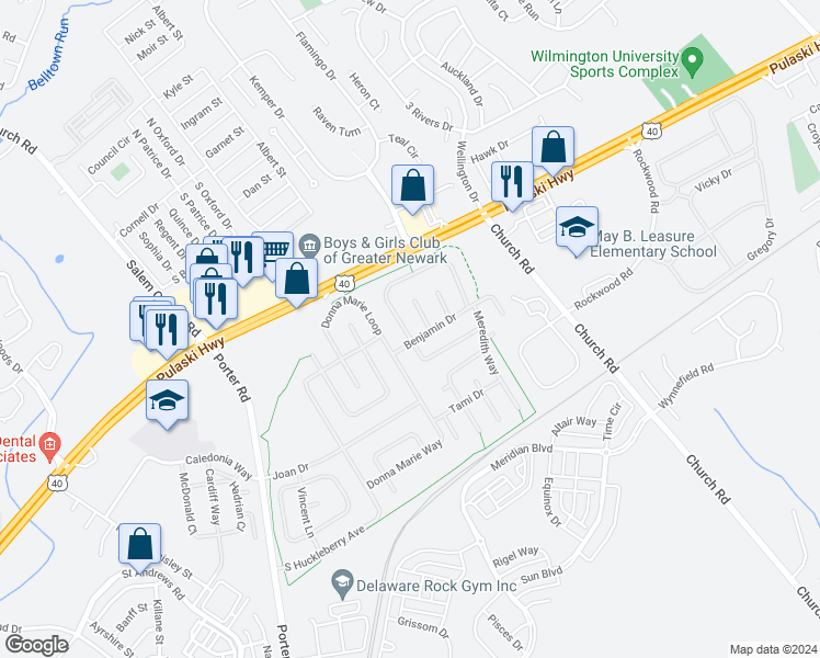 map of restaurants, bars, coffee shops, grocery stores, and more near 1751 Barbara Circle in Bear